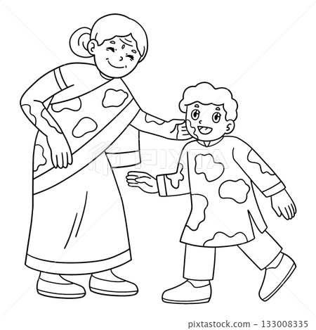 Holi Grandma Smearing Powder Grandson Isolated  133008335