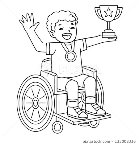 Boy in a Wheelchair with Medal and Trophy Isolated 133008336