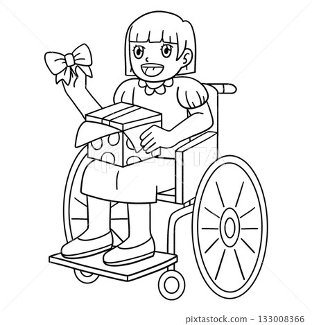 Girl in Wheelchair Wrapping Gift Isolated Coloring 133008366