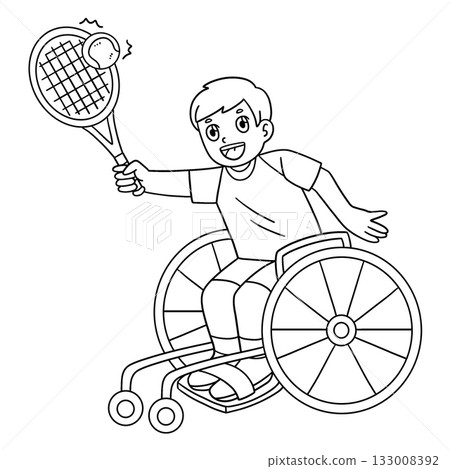 Boy in Wheelchair Playing Tennis Isolated Coloring 133008392