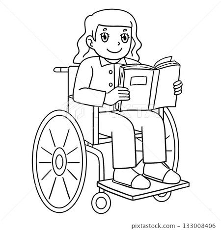Girl in Wheelchair Reading Books Isolated Coloring Girl in Wheelchair Reading Books Isolated Coloring 133008406