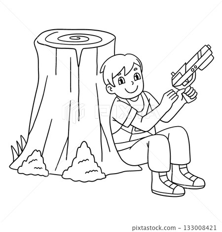 Laser Tag Boy Crouching Behind Tree Trunk Isolated Laser Tag Boy Crouching Behind Tree Trunk Isolated 133008421