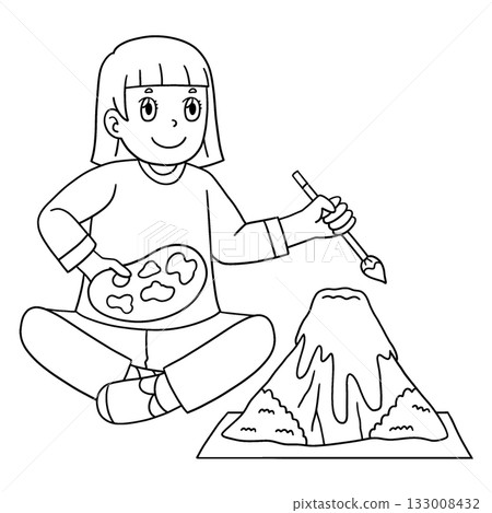 Girl Painting a Volcano Isolated Coloring Page Girl Painting a Volcano Isolated Coloring Page 133008432