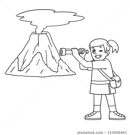 Girl looking at Volcano through Telescope Isolated 133008461