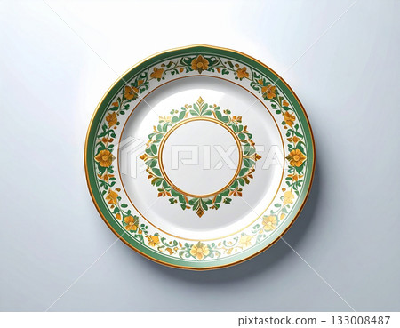 Formal table setting. Ceramic plate with a green and gold pattern on a white background. Porcelain kitchenware. Close-up. Top view. 133008487