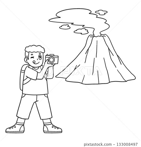 Volcano Boy taking Picture Isolated Coloring Page  133008497