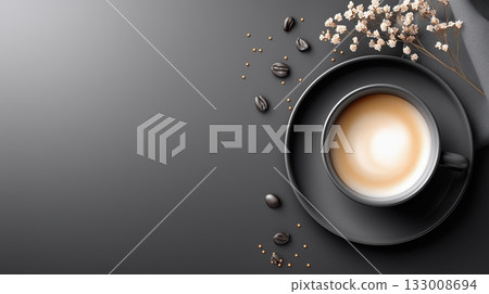 Serene coffee setup on a dark surface with herbs and coffee beans 133008694