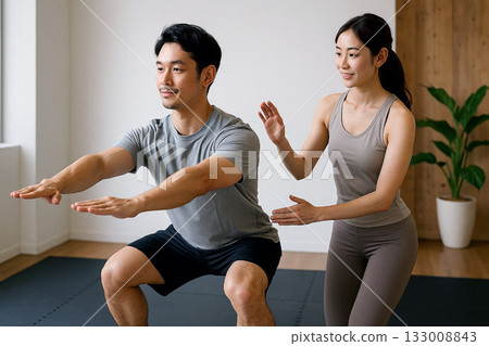 AI-generated scene of a Japanese couple training together at the gym 133008843