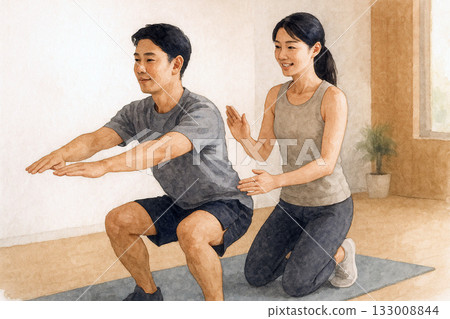 AI-generated scene of a Japanese couple training together at the gym AI-generated scene of a Japanese couple training together at the gym 133008844
