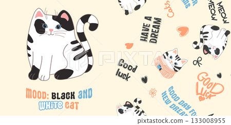 Set with Cute black and white cat in cartoon style for vector print 133008955