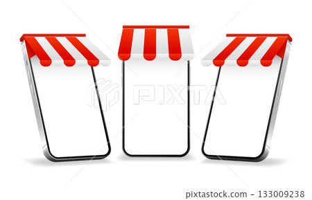 3D rendering of a mobile phone with a red and white visor, online shopping store. Design element for advertising of online trading. Vector illustration. 133009238