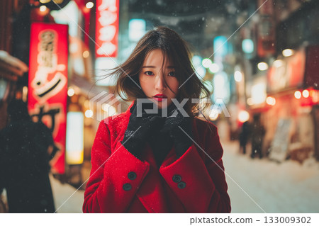 冬夜裡，一位身穿紅色外套的女子佇立著 | 雪景與霓虹燈交相輝映，令人動容的瞬間 133009302