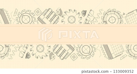 Mechanical engineering drawings on sepia background. Cutting tools, milling cutter. Technical Design. Cover. Blueprint. Horizontal seamless pattern. Vector illustration. Mechanical engineering drawings on sepia background. Cutting tools, milling cutter. Technical Design. Cover. Blueprint. Horizontal seamless pattern. Vector illustration. 133009352