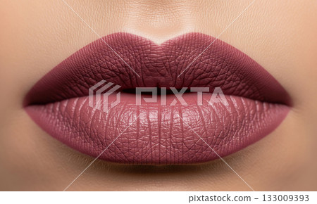 Beautiful mauve lipstick on perfect lips.  133009393