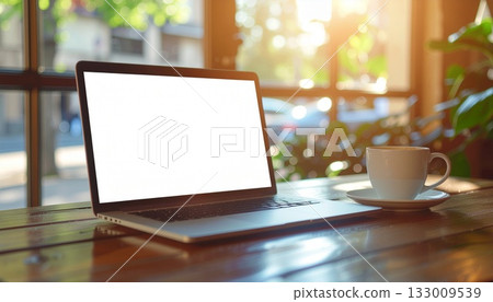 Laptop mockup image with cafe table and coffee 133009539