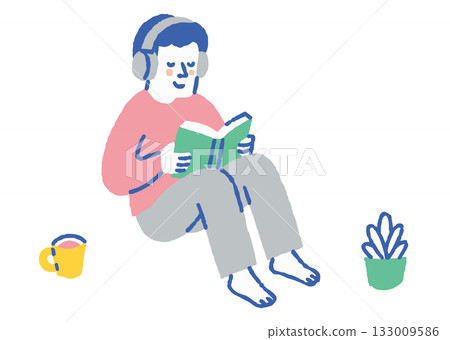 一位戴著耳機閱讀的男士（彩色） 133009586