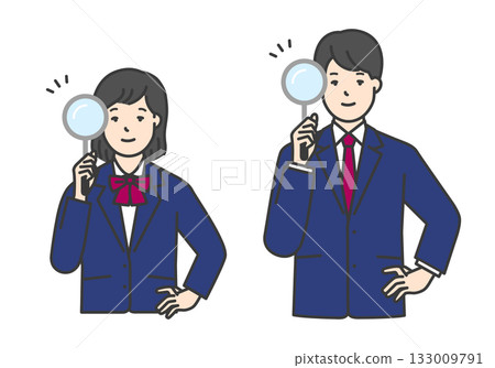 插畫資料:一名身穿制服的學生手持放大鏡 插畫資料:一名身穿制服的學生手持放大鏡 133009791
