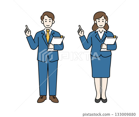 面帶笑容、穿著西裝的男男女女正在進行演講。一位辦公室工作人員手持文件的全身插圖。 133009880