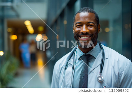 A doctor stands in a hospital corridor, smiling confidently. The soft light creates a warm atmosphere while nurses work in the background, highlighting the caring environment. 133009892
