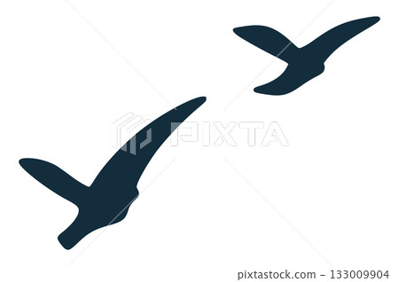 Flock of Flying Birds Couple Silhouettes Soaring in Sky, Wildlife Freedom Grace Nature and Unity. Vector Hand Drawn Sign of Dove Migration, Clean Isolated Illustration 133009904