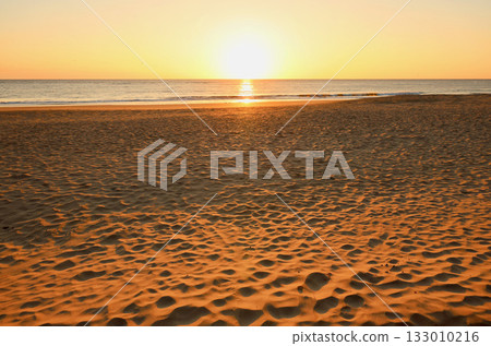 Sandy beach lit by the morning sun Sandy beach lit by the morning sun 133010216