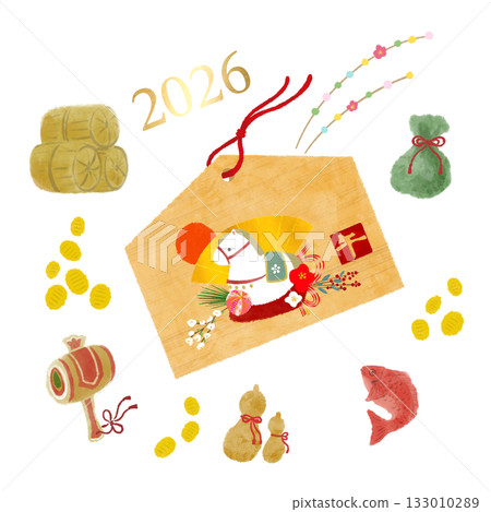 一套水彩風格的馬年祈福牌匾和新年吉祥物圖示。 133010289