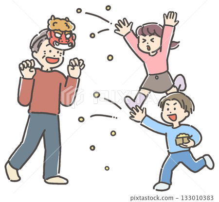 爺爺、男孩女孩一家在節分節拋豆子 133010383