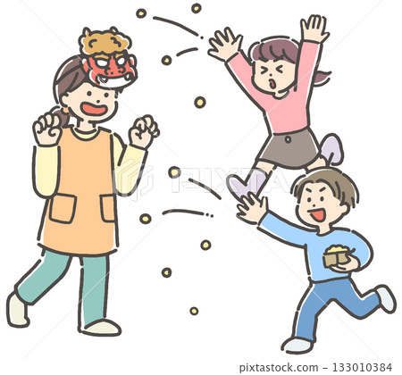 Setsubun bean-throwing woman/teacher/nursery teacher and boy and girl Setsubun bean-throwing woman/teacher/nursery teacher and boy and girl 133010384