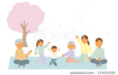 Three-generation family enjoying cherry blossom viewing 133010589