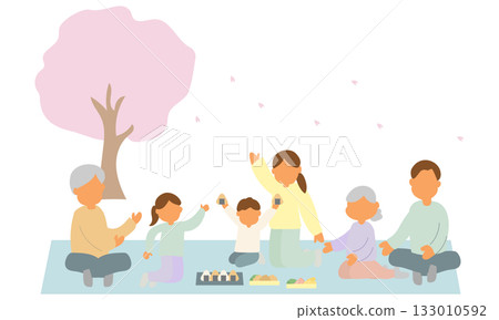 Illustration of a three-generation family having lunch under the cherry blossoms 133010592