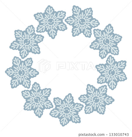 Vector illustration of cute snowflakes arranged in a circular frame. Winter holiday design, Christmas decoration, snowflake wreath, isolated on white background, perfect for greeting cards and prints Vector illustration of cute snowflakes arranged in a circular frame. Winter holiday design, Christmas decoration, snowflake wreath, isolated on white background, perfect for greeting cards and prints 133010743