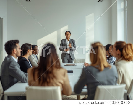 Multinational business team meeting in a minimalist white office Multinational business team meeting in a minimalist white office 133010800