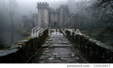 通往一座籠罩在霧氣中的陰森古老城堡的道路景色 通往一座籠罩在霧氣中的陰森古老城堡的道路景色 133010817