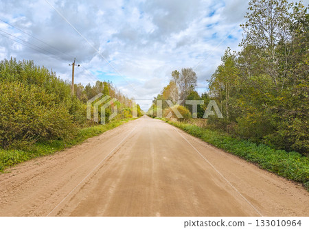 Straight dirt road through forest open sky clear perspective horizontal frame 133010964