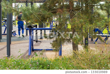 Outdoor gym in a pine park, street workout equipment in urban green space Outdoor gym in a pine park, street workout equipment in urban green space 133010989