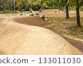 Modern playground with sculpted rubber hills and slides in a city park in autumn 133011030