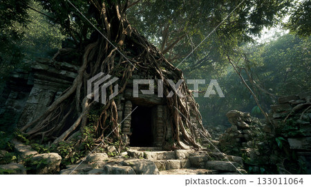 森林中被樹根覆蓋的廢墟照片 133011064