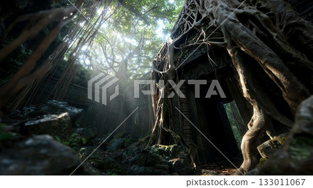 森林中被樹根覆蓋的廢墟照片 133011067