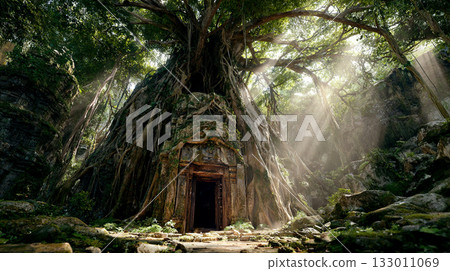 森林中被樹根覆蓋的廢墟照片 森林中被樹根覆蓋的廢墟照片 133011069