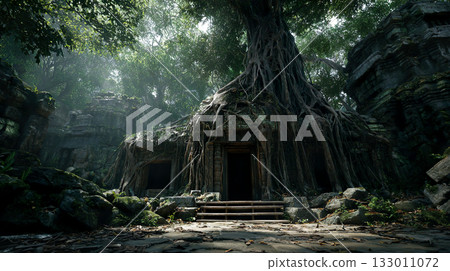 森林中被樹根覆蓋的廢墟照片 133011072