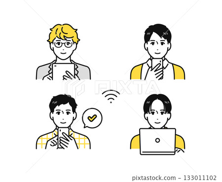 一群年輕男子操作智慧型手機、平板電腦或個人電腦的圖示。 133011102