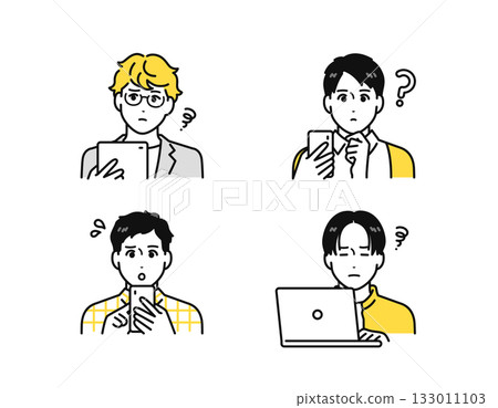 Icon set of a young man having trouble looking at his smartphone, tablet, or laptop 133011103