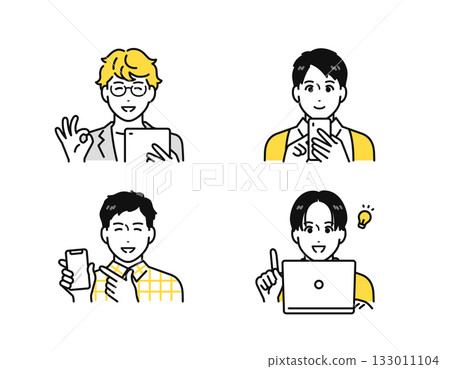 一組圖標,描繪了一位年輕男子興高采烈地看著智慧型手機、平板電腦或筆記型電腦的情景。 一組圖標,描繪了一位年輕男子興高采烈地看著智慧型手機、平板電腦或筆記型電腦的情景。 133011104