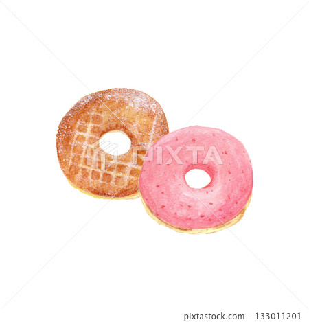 Hand-drawn watercolor donut illustration (sugar donut and strawberry chocolate donut) | Watercolor Hand-drawn watercolor donut illustration (sugar donut and strawberry chocolate donut) | Watercolor 133011201