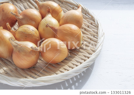 Small onions drying on a windowsill in winter 133011326