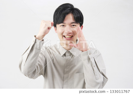 Male, 20s, cheering, white background 133011767
