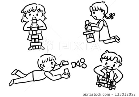 Illustration of children playing with building blocks / Nursery school, kindergarten, rehabilitation material 133012052