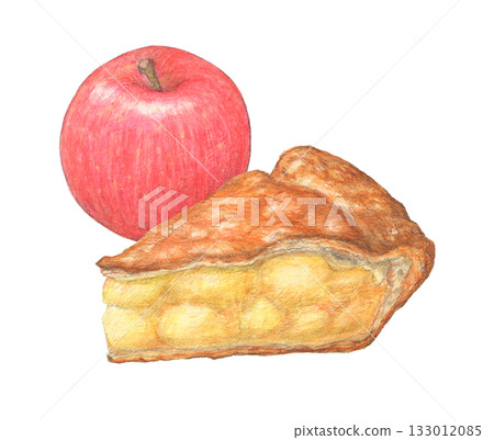 Apples and apple pie watercolor pencil illustration 133012085