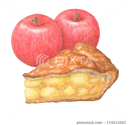 Apples and apple pie watercolor pencil illustration 133012087
