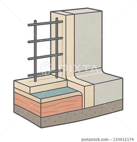 Diagram showing the cross-sectional structure of a reinforced concrete house, architectural cross-section diagram explaining the house foundation and rebar placement, RC house structure 133012174
